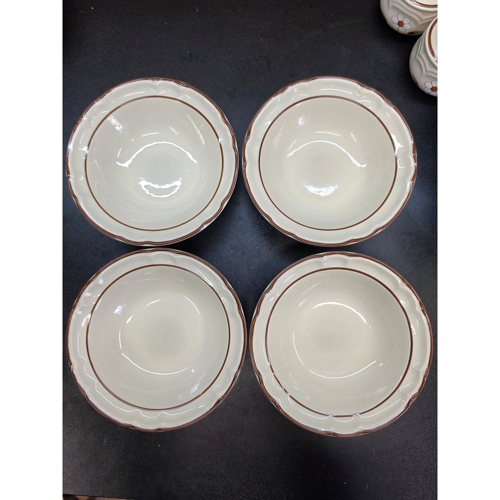 Set of 4 Mayblossom Stoneware Cereal Bowls Scalloped Brown Rim Cream 6.25 Inch